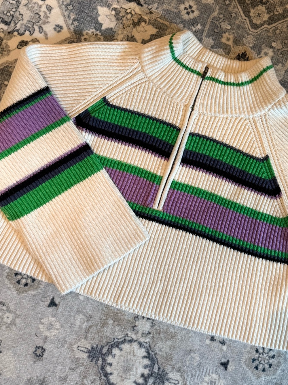 Free People Zip-Up Cropped Sweater with Green & Navy Stripe Accents